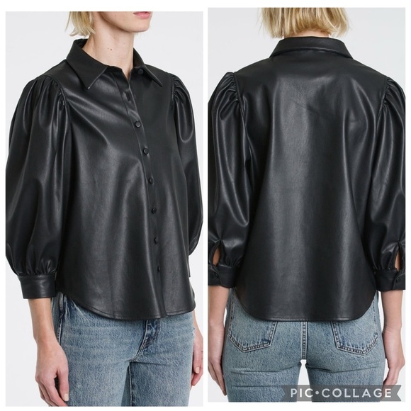Pistola Adina Black Puff Sleeve Black Faux Leather Blouse Size S - Picture 12 of 15